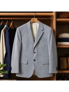 VTG Montgomery Ward Blazer Mens 46 Long Blue White Seersucker Striped Sport Coat